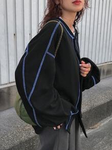 FRIFUL Women's Contrast Color Trim Front Button Casual Versatile Long Sleeve Sweatshirt,Fall Clothes - Blue - View 5