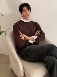 DAZY 1pc Men's Solid Color Round Neck Long Sleeve Casual Sweater, Autumn/Winter - Coffee Brown - View 8