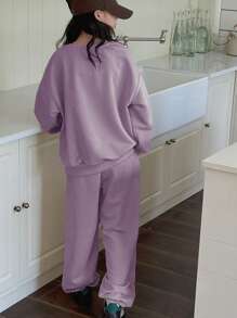 Dazy Kids 2 件套女童圆领字母刺绣运动衫套装，秋季，返校服 - 紫色 - 查看 4