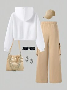 SHEIN Bộ 2 chiếc áo hoodie trắng cho bé gái tuổi teen và quần kaki thường ngày, trang phục xuân/thu - Màu Khaki - Xem 2
