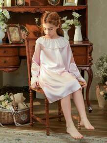 SHEIN Tween Girls Elegant French Style Long Sleeve Nightgown, Solid Pink Satin & Lace Patchwork, Casual & Comfortable Home Dress - Pink - View 4