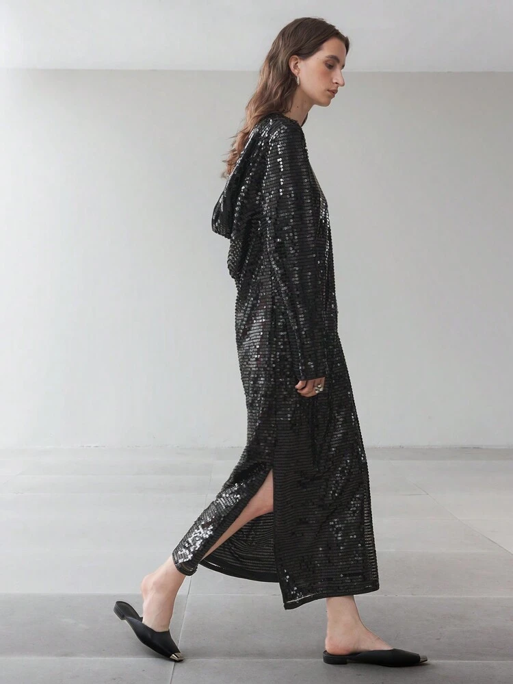 Black Sequin Backless Draped Neck Long Sleeve Bodycon Dress For Party/Evening