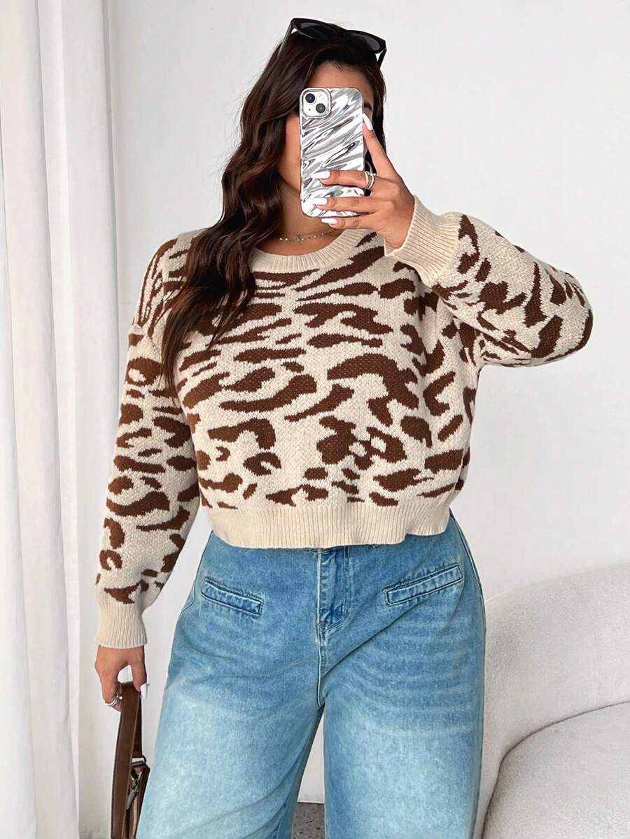 Calvaya Plus Size Women Round Neck Leopard Pattern Casual Pullover Sweater, Short Style, Autumn/Winter Knit Pullover Fall - Multicolor - View 1