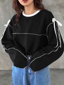 FRIFUL 女士圆领宽松撞色蝴蝶结T恤长袖女上衣，秋季女装 - 黑色 - 查看 4