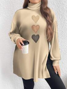SHEIN LUNE 心形印花休闲简约设计大码高领长款 T 恤，秋冬 - 卡其色 - 查看 1