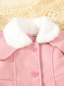 SHEIN 女婴婴儿保暖羊毛领长袖中长外套夹克，粉色，优雅日常穿着，秋冬新品 - 粉色 - 查看 3