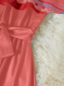 Breezaya 女士度假风格花卉印花露肩荷叶边多层下摆系带连衣裙，春夏长款女装 - 粉色 - 查看 5