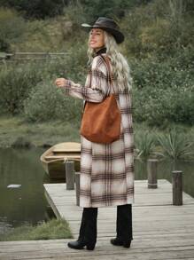 LanaWest Abrigo maxi con cuello a cuadros, chaqueta de invierno delgada y cálida