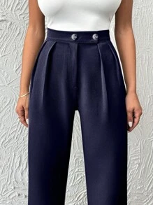 SHEIN Stijlvolle effenkleurige, hoge taille, rechte, geplooide damesbroek met meerdere knoopdetails