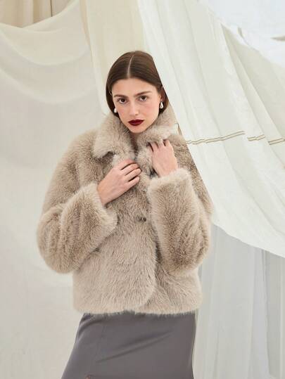 Enchnt 1 件女式纯色前扣长袖休闲毛绒大衣