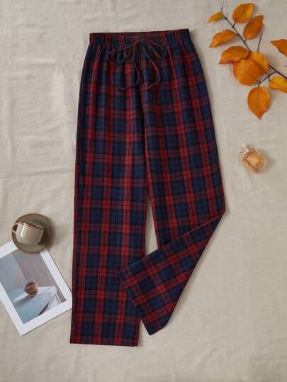 Pantalones de pijama de mujer de pierna recta con cintura elástica a cuadros, para el otoño