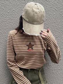 FRIFUL Camiseta casual de ajuste delgado con rayas y bordado de estrellas para mujer, otoño