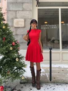 SHEIN EZwear Rochie mini de culoare roșie pentru femei, ținută casual și la modă pentru ținute de Crăciun/de zi cu zi