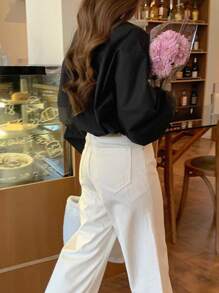 DAZY 女士圆领扭纹休闲纯色长袖衬衫，秋季服装 - 杏色 - 查看 4