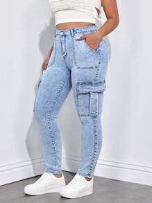 SHEIN ICON Y2K Washed Cargo Multi-Pockets Street Fashion Elastic Skinny Pants - Light Wash - View 5