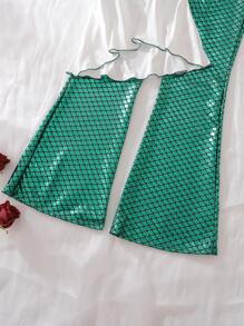 Conjunto de disfraz para adolescentes que incluye top de camisola de bajo y alto + pantalones con estampado de escamas de pez - Verde - Ver 4