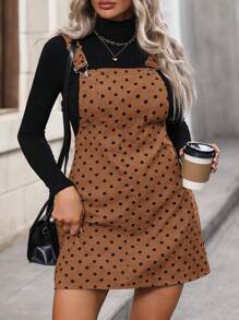 Calvaya Plus Size Women Polka Dot Pattern Pocket Casual Suspender Mini Dress