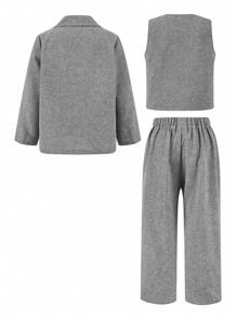 3pcs Young Boys' Leisurely Collegiate Blazer With Lapel, Sleeveless Fitted Vest, And Solid Color Straight Leg Pants Woven Gentleman's Suit, Suitable For Weddings, Christmas Parties, Outings, And Daily Gatherings, Autumn/Winter - Dark Grey - View 2