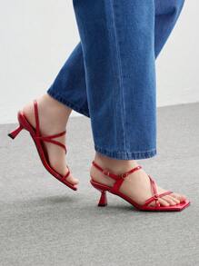 CUCCOO BIZCHIC Red Mirror Square Toe Low Heel Women Sandals - Red - View 5