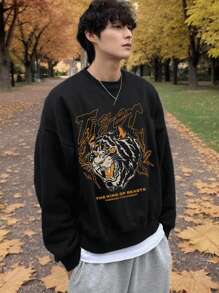 DAZY 男士休闲老虎徽标印花圆领长袖宽松运动衫，秋季 - 黑色 - 查看 8