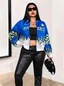 Flirla Plus Size Women's Motor Pattern Printed Casual Sports Racer Jacket, Autumn - Multicolor - View 1