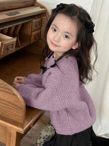 Dazy Kids Young Girl Casual Bowknot Decor Drop Shoulder Sweater, For Autumn/Winter