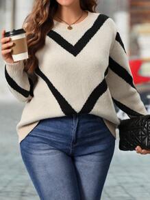 SHEIN LUNE Plus Size Simple Fashionable Casual Daily Wear Pullover Sweater, For Winter Knit Pullover Fall - Apricot - View 4