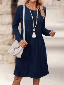 EMERY ROSE Women Solid Color Round Neck Long Sleeve Pleated Minimalist Casual Short Dress - Blue - View 6
