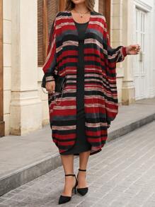 SHEIN Clasi Curvy Plus Size 女装优质面料复古红条纹长袖长大衣+高弹无袖黑色背心包臀连衣裙长裙两件套，日常居家出游休闲装，圣诞大码女装，针织连衣裙，新年装 - 彩色 - 查看 5