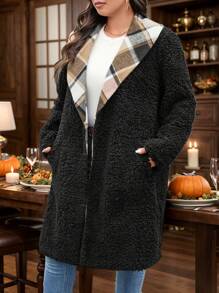 SHEIN LUNE Abrigo de peluche con cuello de chal a cuadros en contraste, talla grande, casual, para otoño/invierno/Día de Acción de Gracias, traje de fiesta, térmico