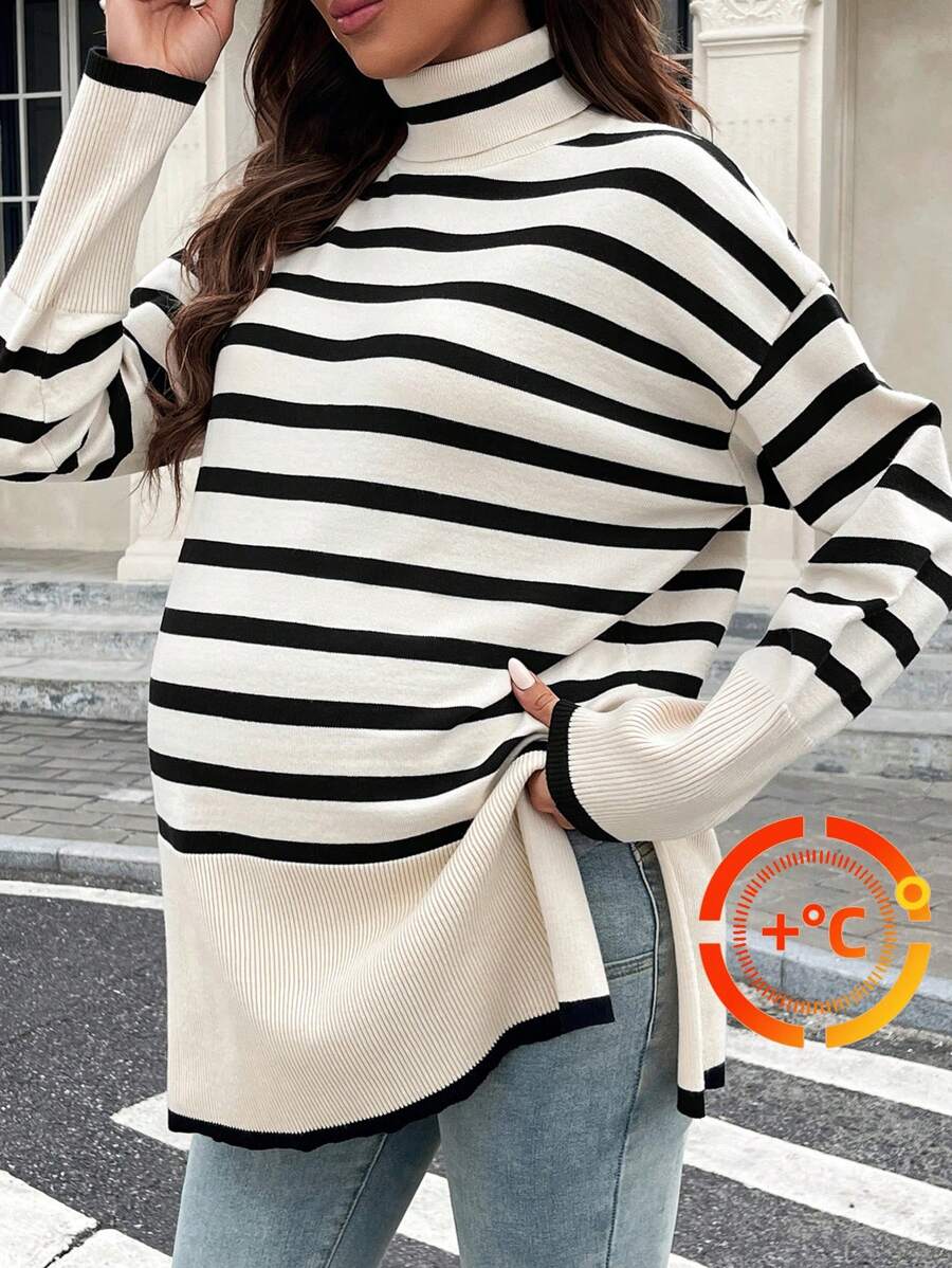 SHEIN Pregnant Women Casual Everyday High Collar Striped Split Sweater, Autumn/Winter, For Maternity