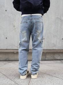 Manfinity EMRG Straight Leg Jeans, Casual And Fashionable For Daily Wear, Frayed Plain Straight Leg Light Blue Washed Cargo Jeans, For Husband, Boyfriend Gifts