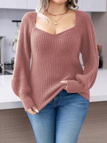 SHEIN LUNE 大码女式纯色心形领插肩长袖休闲套头毛衣，秋冬针织套头衫 - 藕粉色 - 查看 1