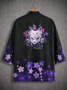 Manfinity RebelGame Áo sơ mi Kimono họa tiết hoa và động vật cho nam - Màu tím - Xem 2