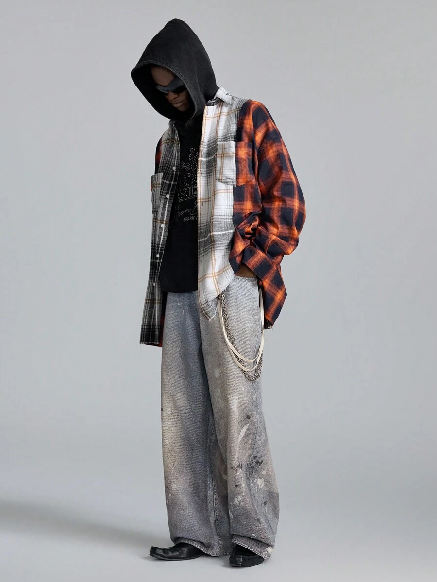 NEON BLANC 男士宽松格纹编织长袖休闲衬衫，红色 - 紅色 - 查看 1