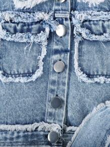 SHEIN 2 件装女婴休闲时尚拼布流苏边长袖夹克和裤子套装，春季和秋季 - 藍色 - 查看 5