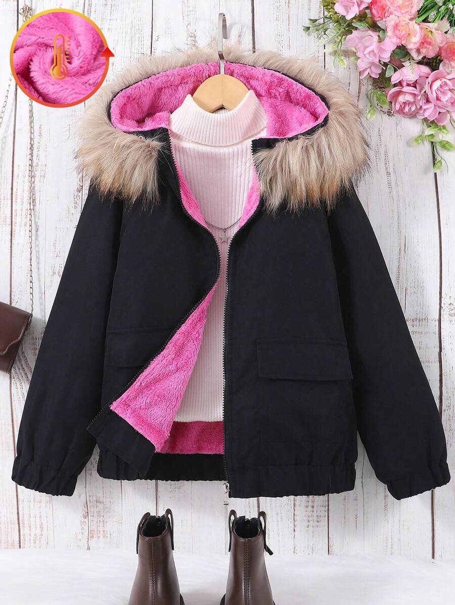 SHEIN Tween Girl Thermal Lined Hooded Jacket, Fashionable For Autumn/Winter - Black - View 1