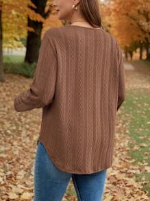 SHEIN LUNE Plus Size Casual Long Sleeve Textured Fabric T-Shirt With Curved Hem, Suitable For Autumn/Winter Holiday - Brown - View 2