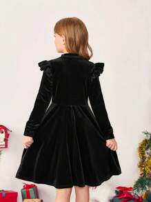 SHEIN Tween Girl Solid Color Velvet Knit Ruffle Trim Long Sleeve Dress, Suitable For Christmas - Black - View 3