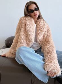 Aloruh Elegant Vintage Large Lapel Modern Faux Fur Jacket For Autumn/Winter - Apricot - View 3