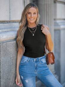 SHEIN LUNE Rib-knit Solid Tank Top - Black - View 5