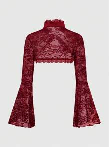 ROMWE Goth 春季哥特风开襟荷叶边喇叭袖蕾丝边女式上衣 - 酒紅色 - 查看 2