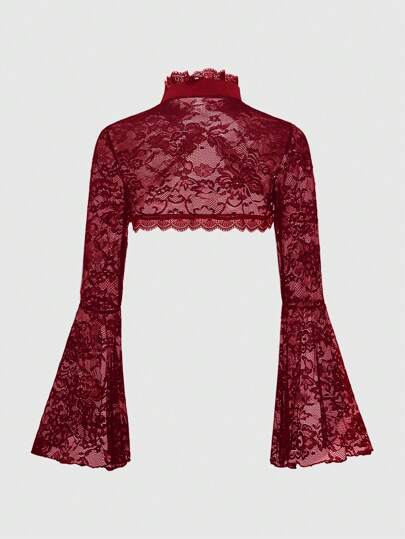 ROMWE Goth 春季哥特风开襟荷叶边喇叭袖蕾丝边女式上衣