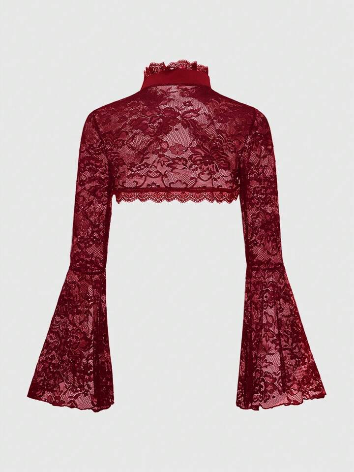 Our Spring Gothic Style Open Front Frill Flare Sleeve Lace Trim