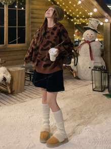 DAZY Áo len chui đầu cổ tròn in họa tiết da báo dáng rộng cho nữ - Nhiều màu - Xem 5