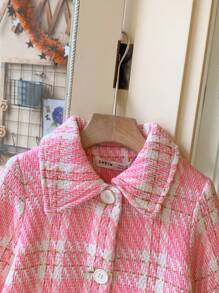 Blossori Young Girls French Elegant Pink Plaid Woven Loose Front Button Down Collar Coat, Autumn/Winter - Pink - View 4