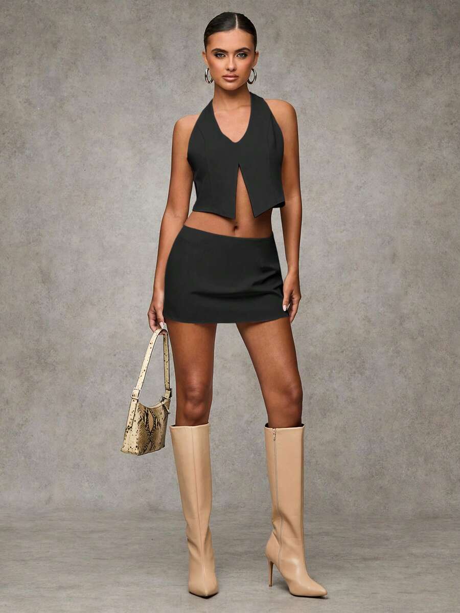 SHEIN BAE Women's Khaki Solid Retro Casual Commuting Versatile Halter Backless Tied Top And Low-Waist Mini Skirt Set/ Top And Skirt Set / Business Women Clothes / Going Out Skirt - Black - View 1