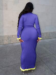 Slaydiva 秋冬休闲优雅V领长袖开襟截角微喇叭袖口上衣修身长裙绿边玫粉色罗纹毛针织女毛衣两件套-A - 紫羅蘭色 - 查看 2