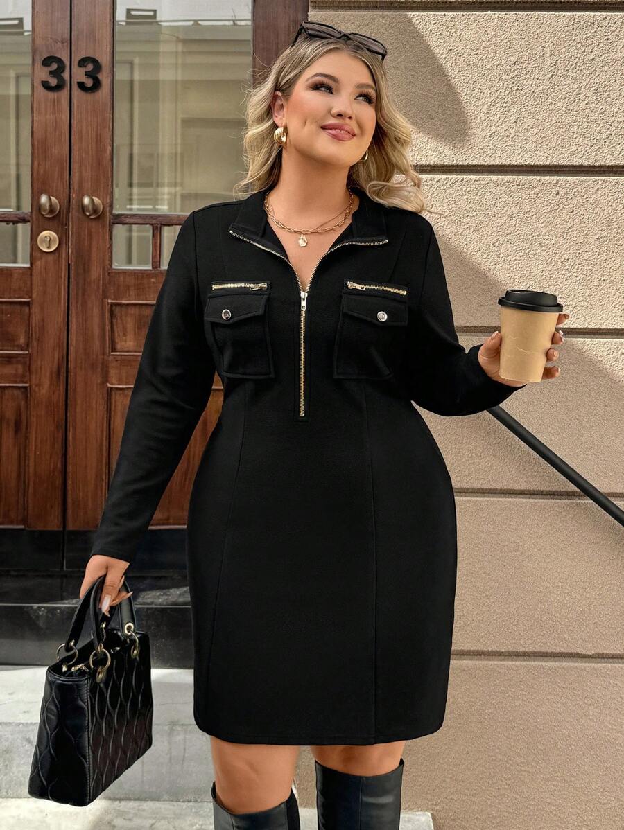 SHEIN Clasi 大码休闲纯色前拉链连衣裙，秋季 - 黑色 - 查看 1