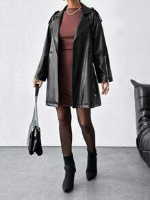 EURMUSE Women's Solid Leather Midi Trench Coat - Black - View 5